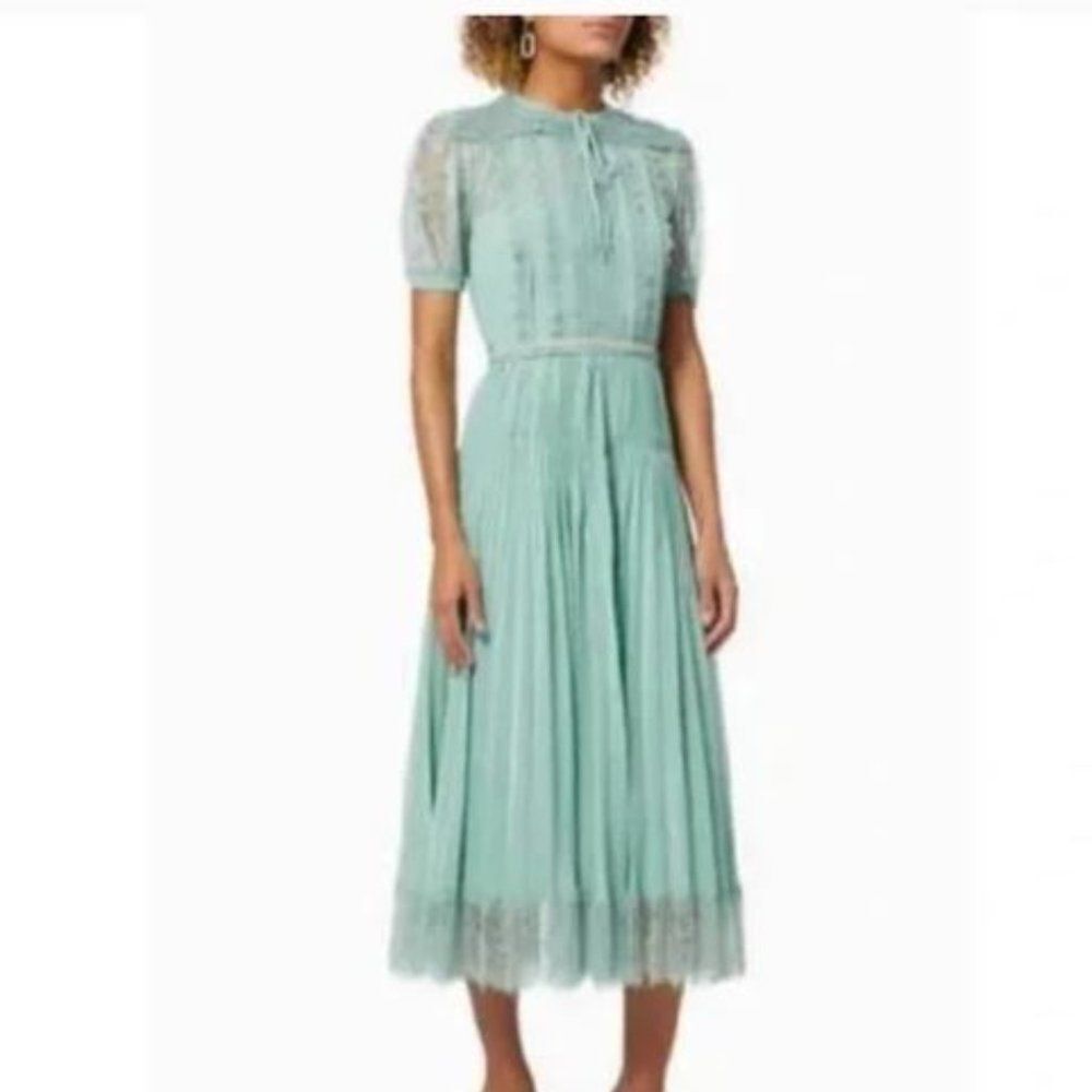 Self-Portrait Lace Puff Sleeve Trim Pleated Midi Dress Sage Aqua Size 4